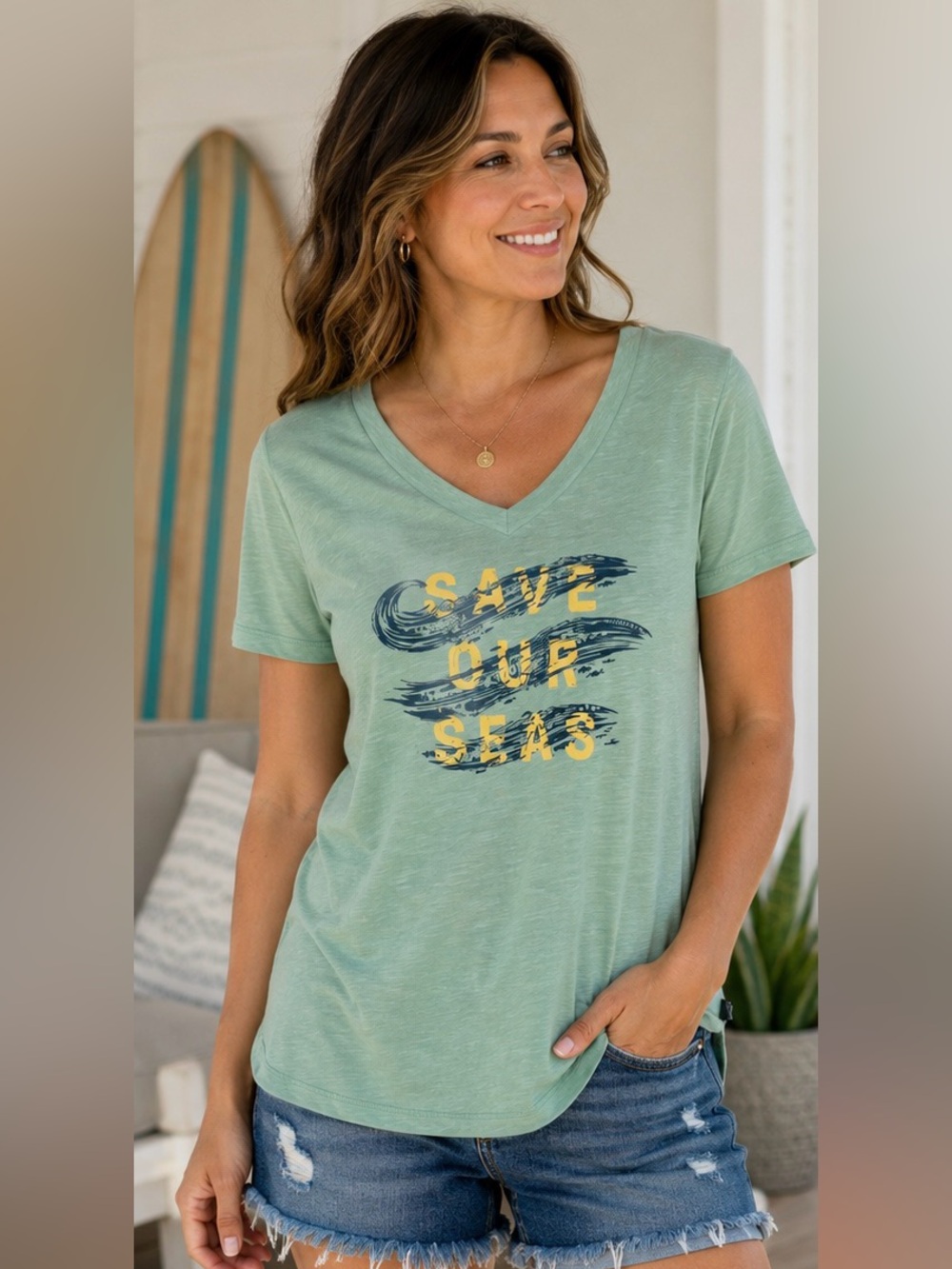 NWT United By Blue Save Our Seas Organic Cotton Graphic V-Neck Tee Women’s M